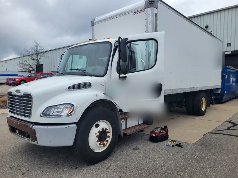 Box truck staged for a fleet camera and telematics install