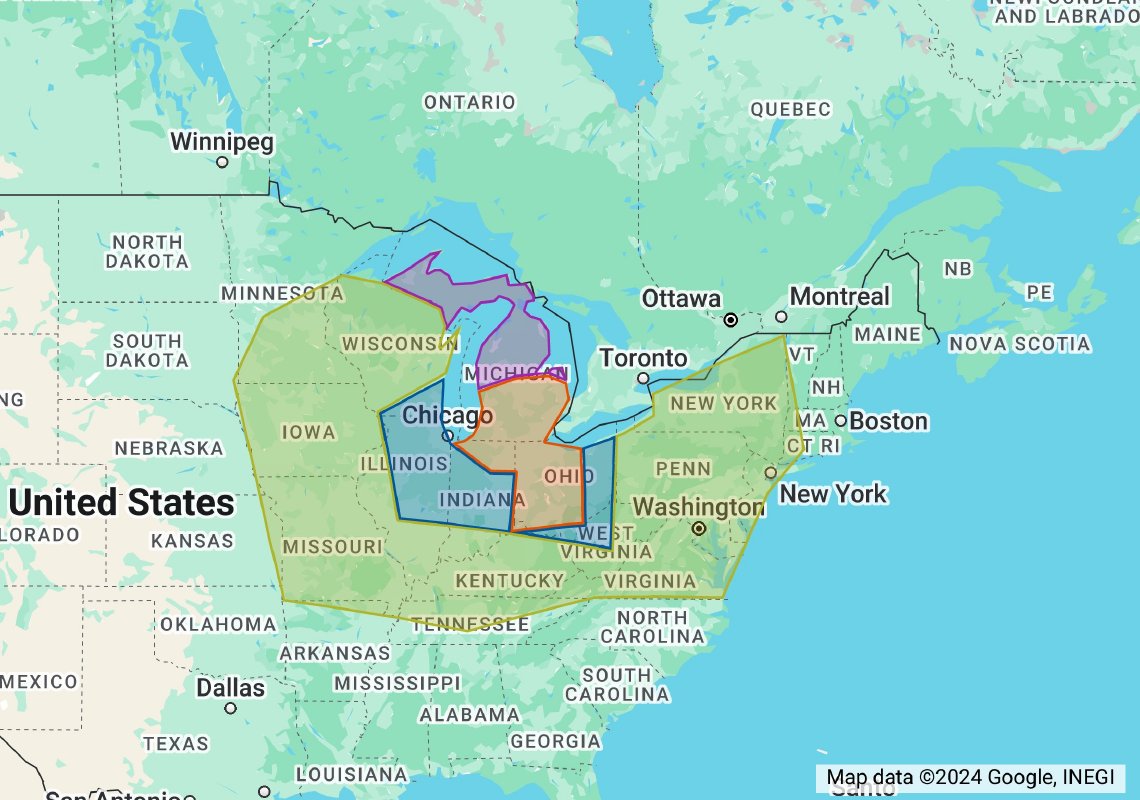 Map showing R-Tech Guys core install states in the Great Lakes region with a wider project coverage area